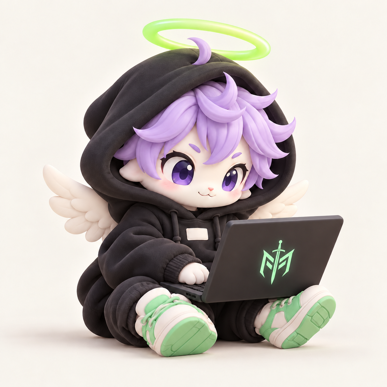 Hex, our hacker angel mascot, with a mint halo, lilac hair, and a laptop
